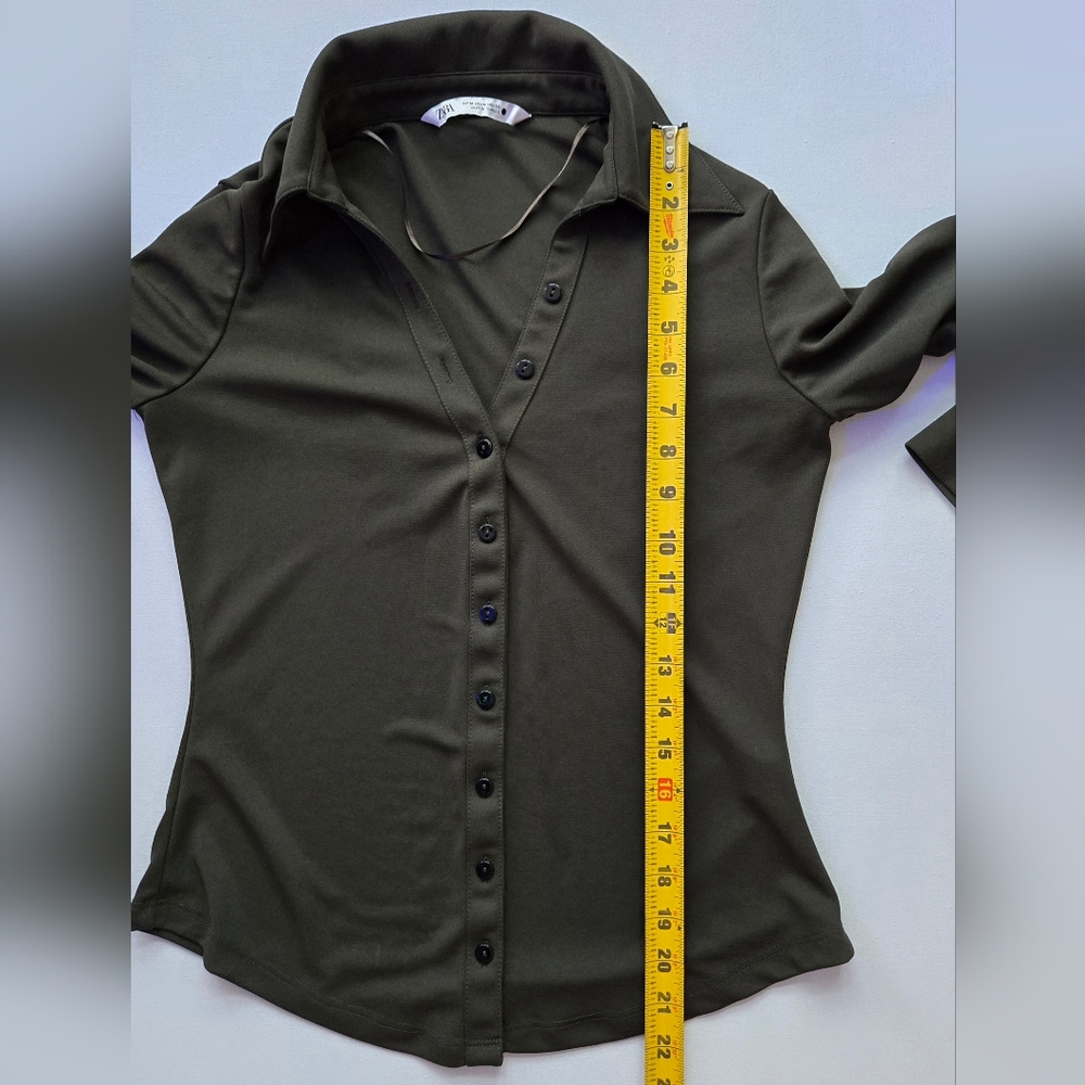 Zara Knit Fitted Button Down Green Collared Shirt… - image 4